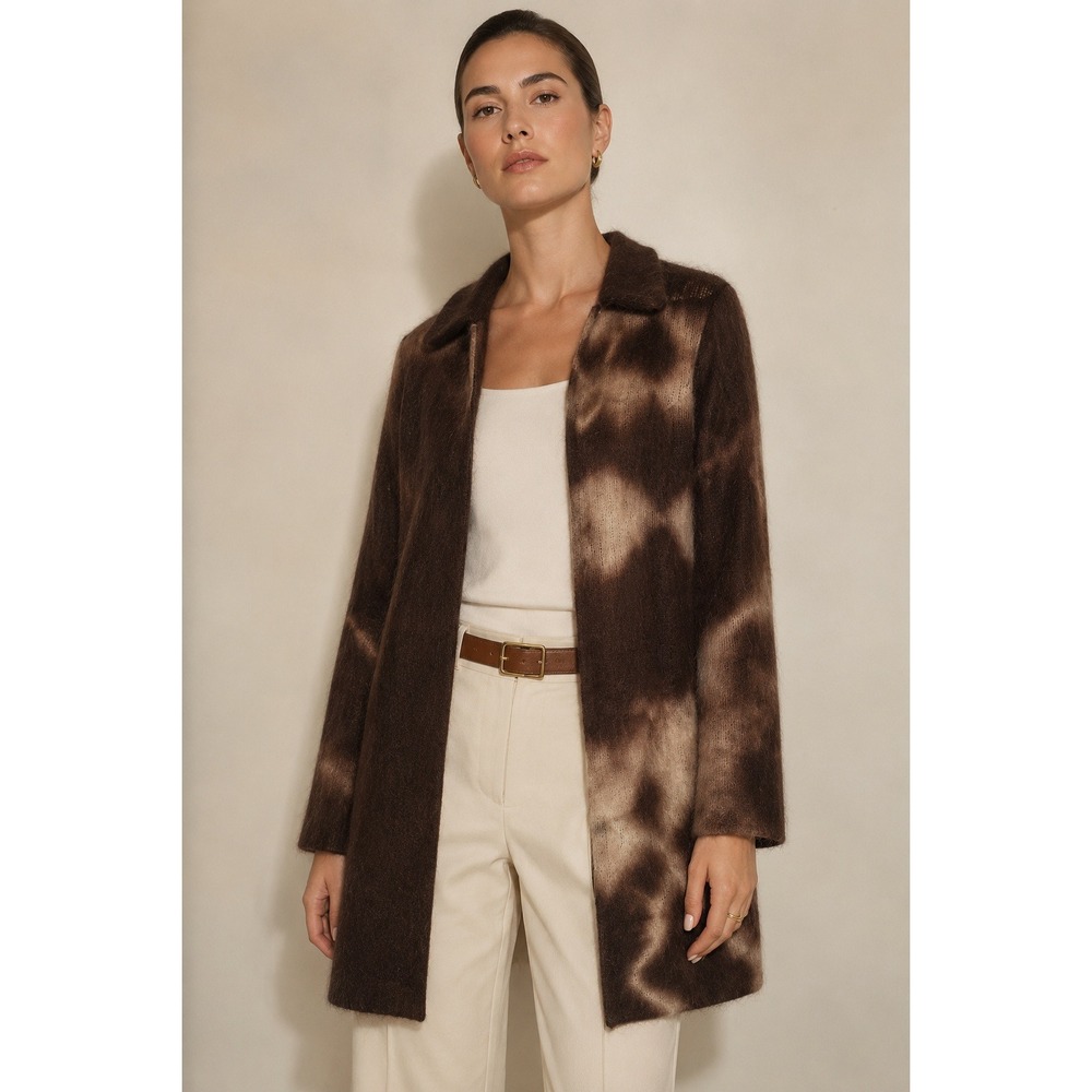 Kenneth Cole NY Mohair Wool Fuzzy Long Sweater Coat Brown Abstract Tie Dye Small